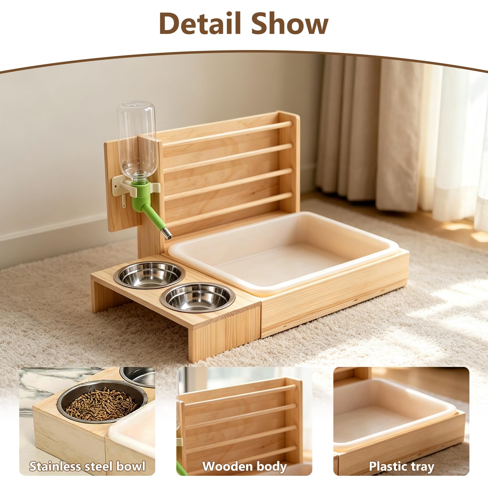 Kaninchen Heu Feeder mit 2 Näpfen, 4 in 1 Heuraufe Kaninchen | mit Hasentoilette, Holz Futterspender mit Trinkflasche für Kaninchen, Meerschweinchen, Hamster, Chinchilla, Hasen Zubehör