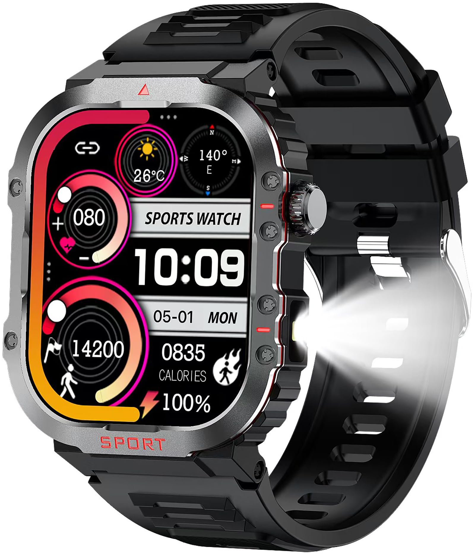 Yihou Reloj inteligente Compass con linterna LED, resistente al agua, 2.01 pulgadas, rastreador de fitness militar, reloj inteligente táctico resistente (contestar/hacer llamadas)