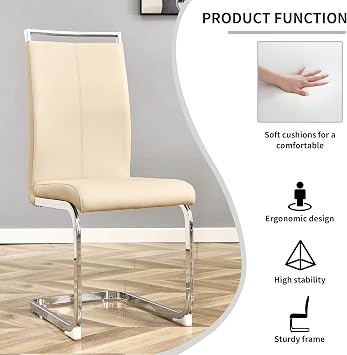 gopop Dining Chairs Set of 2, Beige Faux Leather with Metal Frame, Modern Kitchen Chairs with Padded Seat High Backrest for Dining Room, Kitchen, Living Room