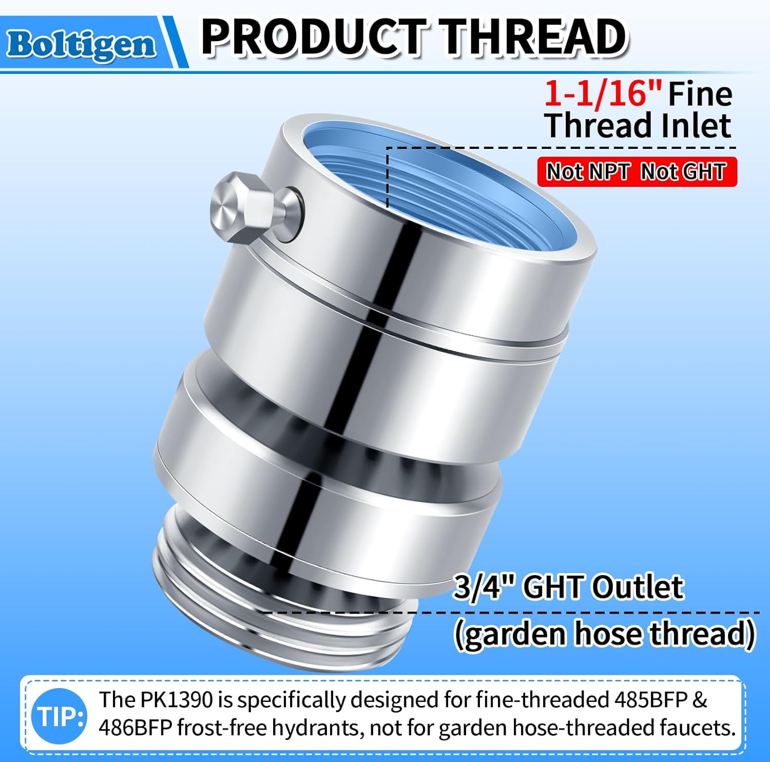 PK1390 No Lead Brass Hose Bib Vacuum Breaker, 1-1/16" Female Fine Thread Self-Draining Breaker for Healthy Portable Water (NOT fit 3/4" GHT Bibcock)