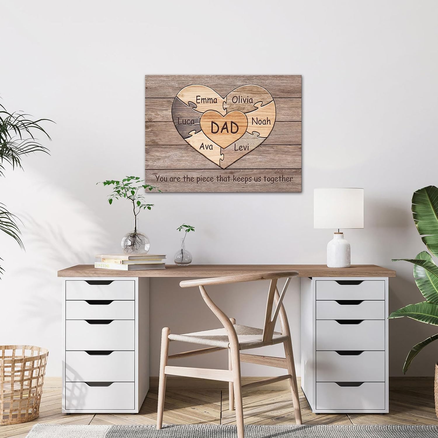 iLOOKLiKE Personalized Father's Day Gifts for Dad Custom Heart Puzzle Sign with Names Canvas Wall Art Best Birthday Presents Ideas Family Quote Prints Poster Framed Home Decor from Son Daughter