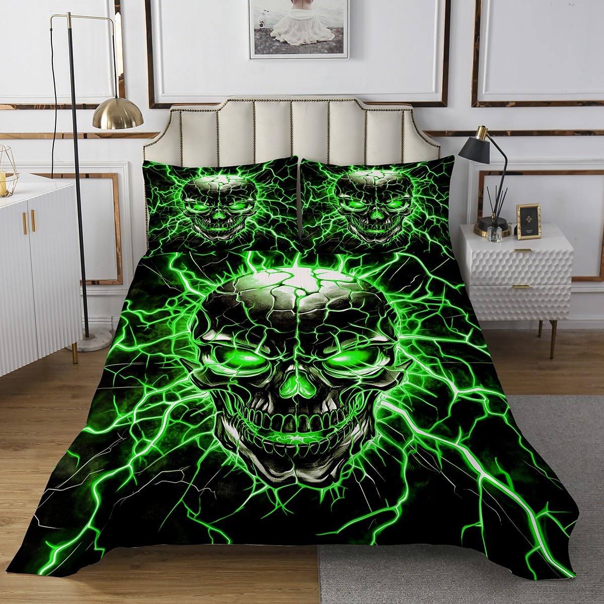 Manfei Green Lightning Skeleton Bedspread Queen Size Bedding for Teens Living Room Gothic Skulls Decor Coverlet Set Happy Halloween Theme Quilt Set for All Season,3 Pcs with 2 Pillowcases