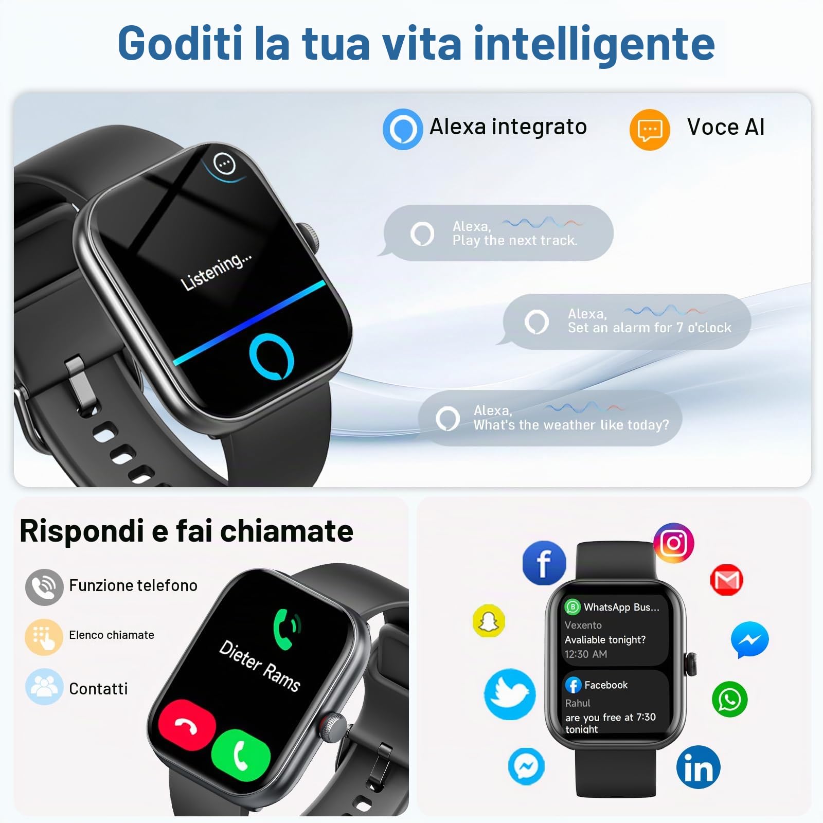 Jugeman Smartwatch Uomo Donna con Alexa/Chiamate, 1.91" Orologio Smartwatch con Contapassi/SpO2/Sonno/Cardiofrequenzimetro, 100 Sportive Fitness Tracker Impermeabil IP68 Smart Watch per Android iOS