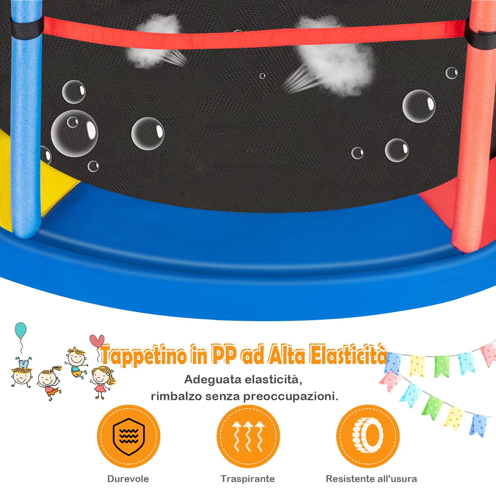 COSTWAY Trampolino Elastico Bambino in Acciaio, Tappeto Elastico Bambini da Esterno e da Interno, con Rete e Cusicnetti Antiscivolo