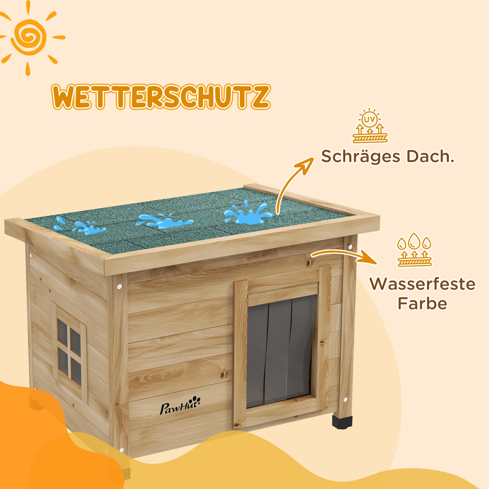 PawHut Katzenhaus aus Holz Outdoor Winterfest 57 x 45 x 43 cm Gelb | Wasserdicht, Katzenhütte, Asphaltdach, Fenster, Türvorhang, Erhöhte Katzenhöhle, Katzenkiste, für Draußen