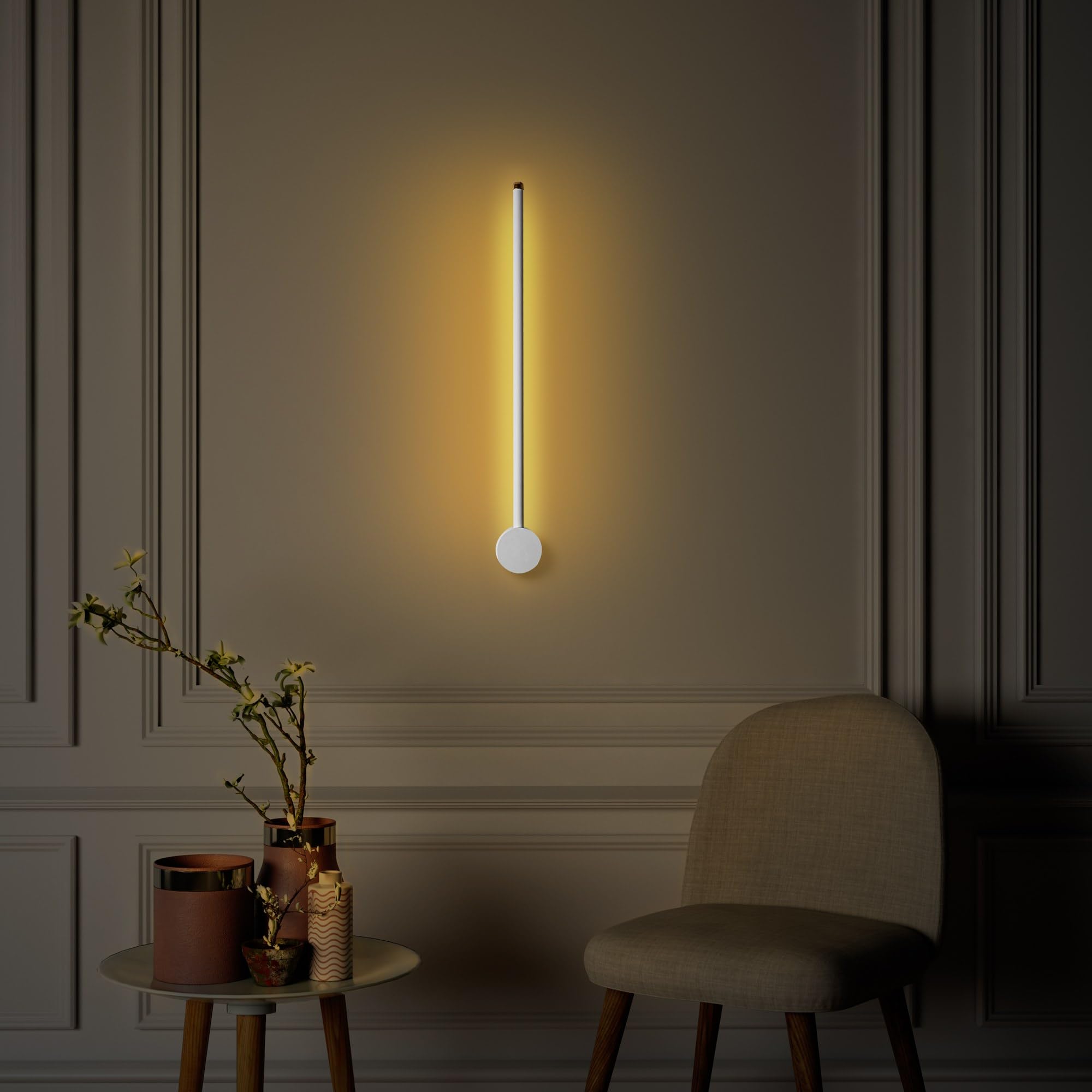 Elegante lámpara de pared blanca, cuerpo de metal, 62 cm de ancho, 10 cm de altura, 7 cm de profundidad, LED SMD de 8 W, 3000 K, diseño moderno para iluminación en casa y oficina