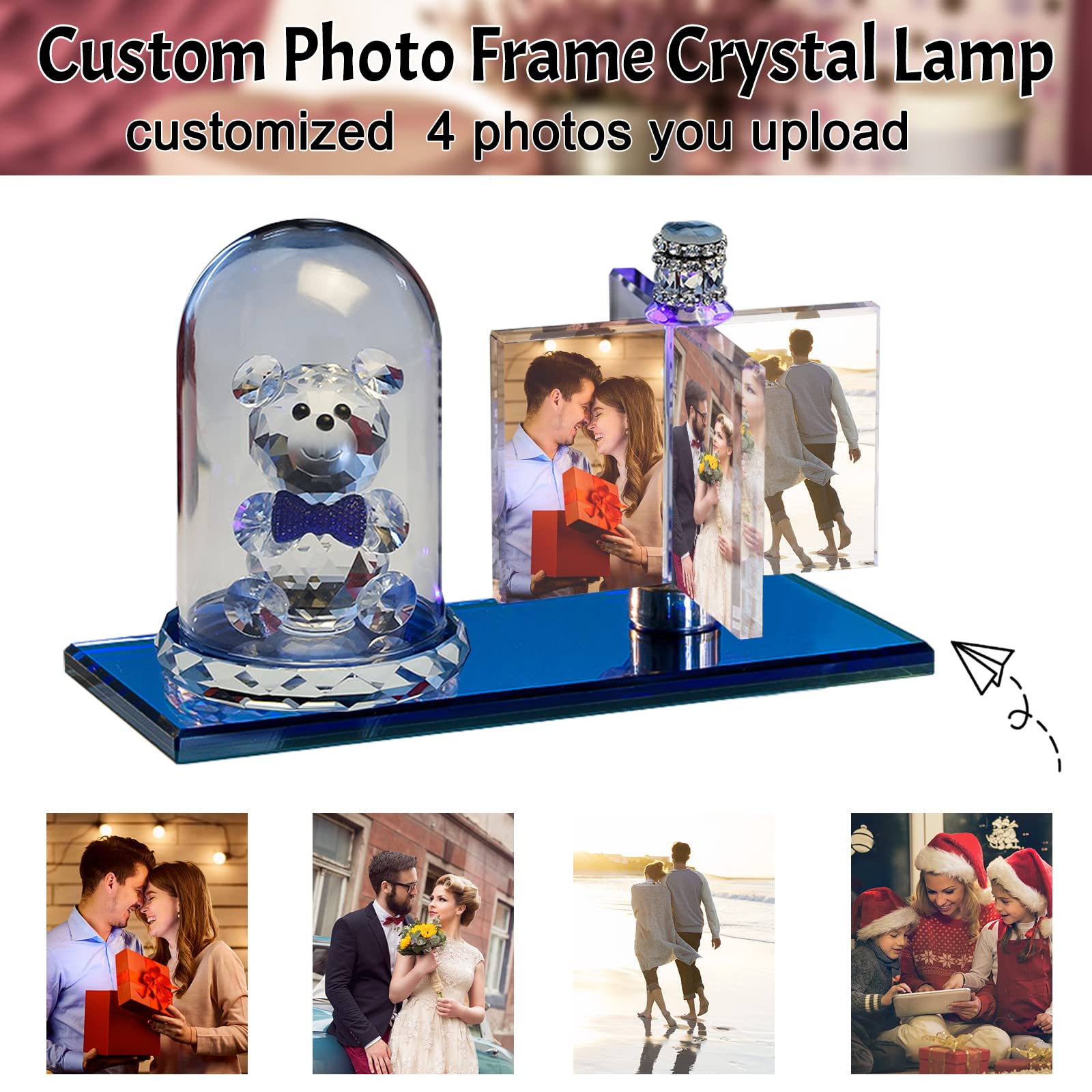 Betenshtresk Personalized 3D Rotate windmill Light crystal photo frame Lamp Custom LED Night Light photo album heart frame windmill crystal Customized photo gifts for Christmas Valentine's Day