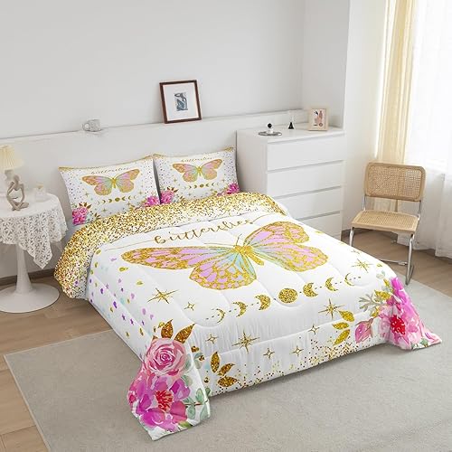Miniatura 2 de Erosebridal Juego de edredón de mariposas amarillas, juego de edredón y juegos de ropa de cama y juegos de ropa de cama con purpurina dorada con