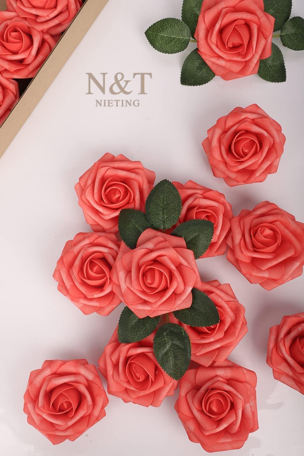 N&T NIETING Artificial Flowers 25pcs Real Looking Coral Foam Fake Roses with Stems for DIY Wedding Bouquets Bridal Shower Centerpieces Floral Arrangements Party Tables Home Decorations - Image 2