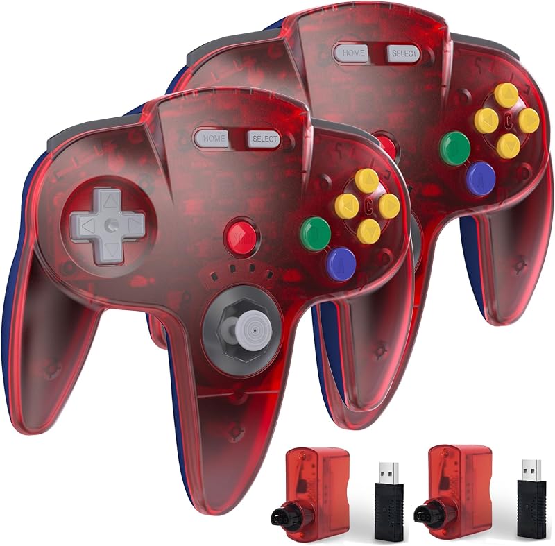 KIWITATA 2 Pack Wireless N64 Controller for Switch/Switch 2, 2.4GHZ N64 Remote Joystick Wireless Game Controller Compatible with Raspberry Pi, N64 System, Windows 7,8,10,11 PC & MAC Clear Red