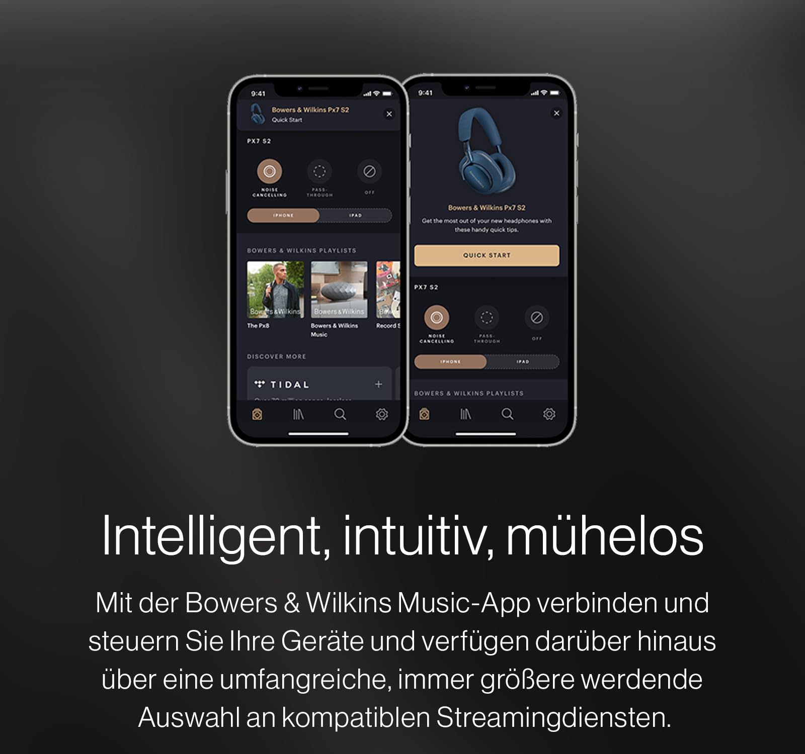 Bowers & Wilkins Px7 S2e Over-Ear-Kopfhörer mit Geräuschunterdrückung, kabellos, Qualcomm aptX™ Adaptive, Schnellladung, 30 Stunden Wiedergabe, sechs integrierte Mikrofone - Anthrazit Schwarz