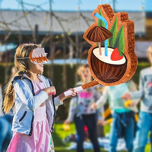 Miniatura 7 de Piñata de coco pequeña con palo y confeti para los ojos vendados, piñata de verano, decoraciones de cumpleaños hawaianas, piñata de coco marrón para