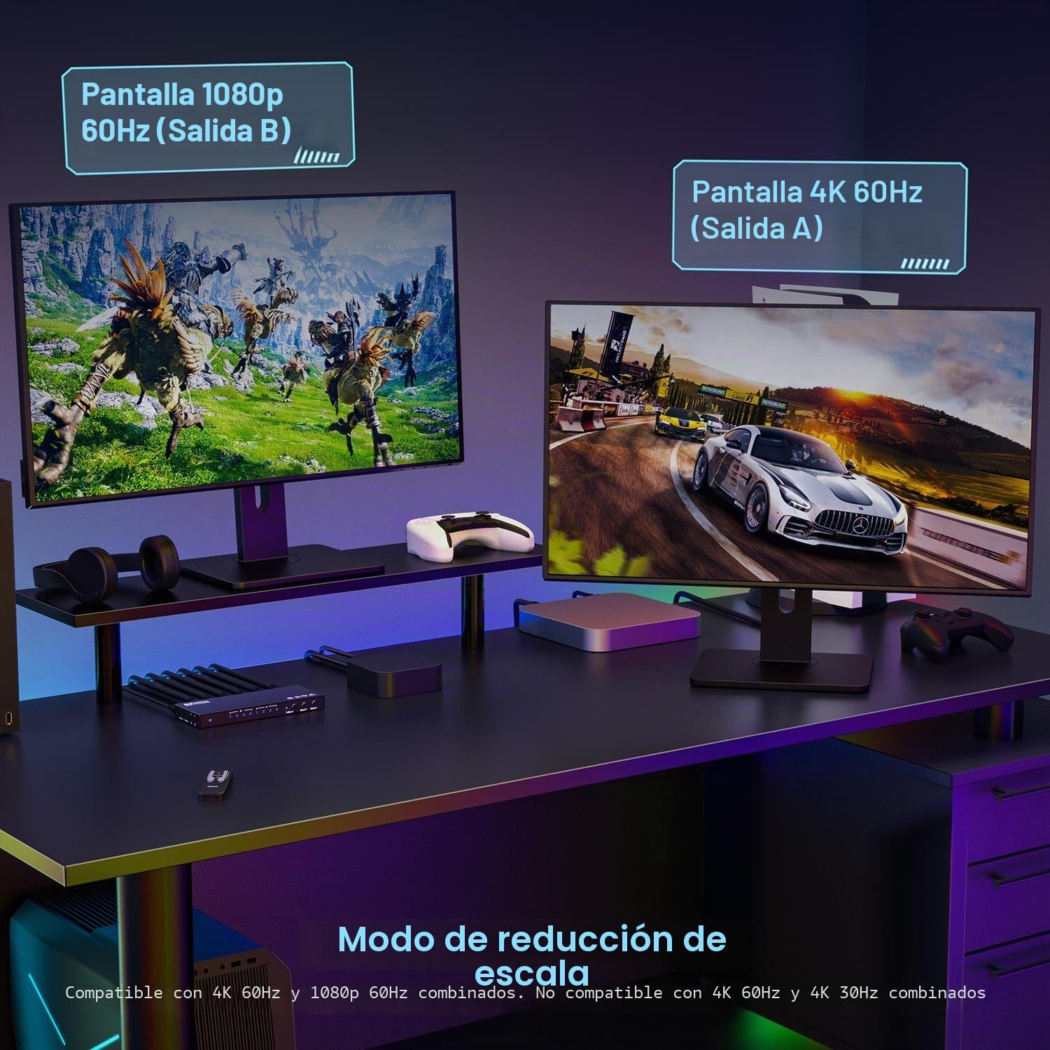 HDMI Matrix 4x2 4K 60Hz, PORTTA HDMI Switch Splitter 4 in 2 out con Toslink 3.5mm Audio Extractor ARC 16 EDID Modes 4K Downscaley Control Remoto IR Compatible con 2.0b HDCP 2.3/2.2 HDR 3D