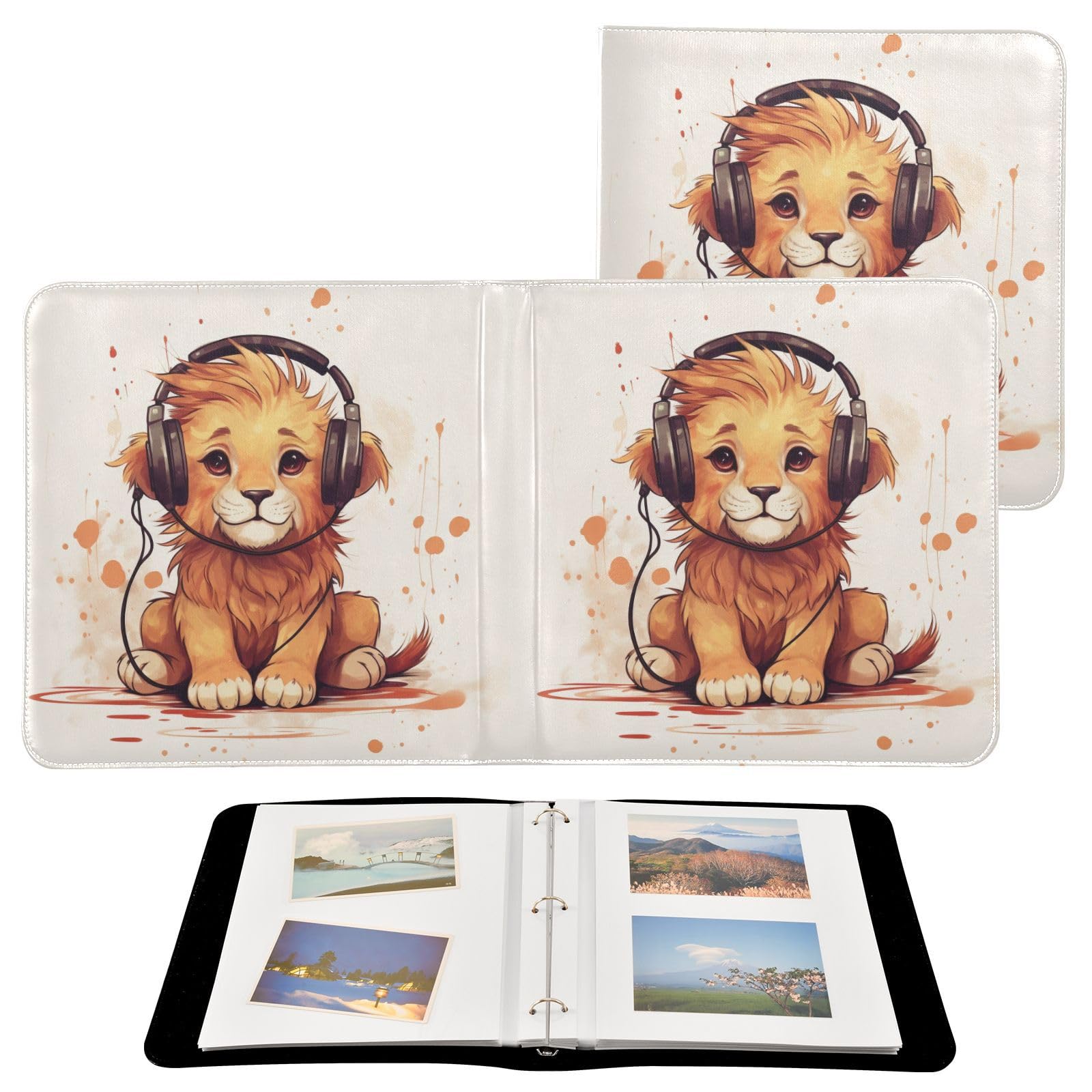 JIPONI Cute Lion with Headphones Large Photo Album, DIY Leather Cover Scrapbook Albums for 4x6 5x7 6x8 Pictures, Self Adhesive Memory Book for Wedding, Baby, Family