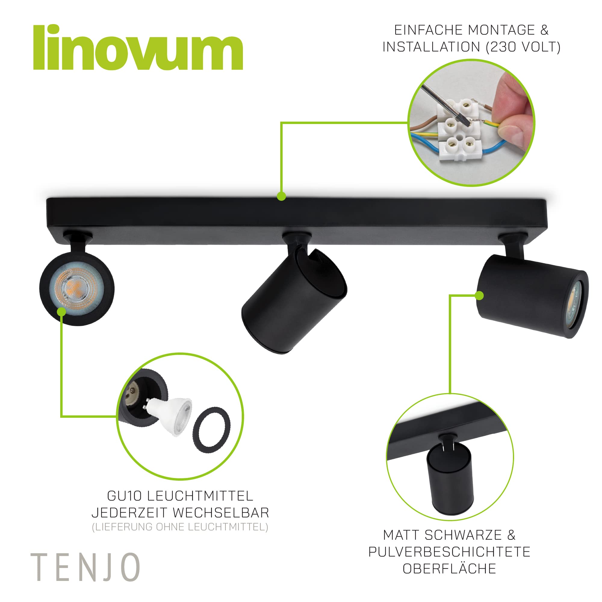 linovum TENJO Deckenlampe dimmbar schwarz schwenkbar mit 3x LED Leuchtmittel GU10 6W warmweiß - Küchenlampe Spotbar 3 flammig