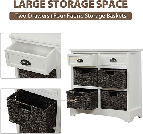 Miniatura 5 de Armario de almacenamiento rústico con 2 cajones y 4 cestas clásicas de ratán, mesa consola de madera para cocina, comedor, entrada, sala de estar,