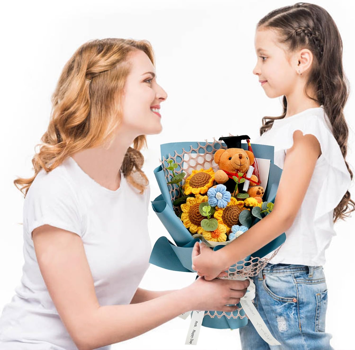 Graduation Gifts Crochet Flowers Bouquet, Handmade Sunflower Rose Bear Graduations Flower Bouquet for Birthday, Teacher Appreciation Gifts, Christmas, Home Décor (Include Card) Blue