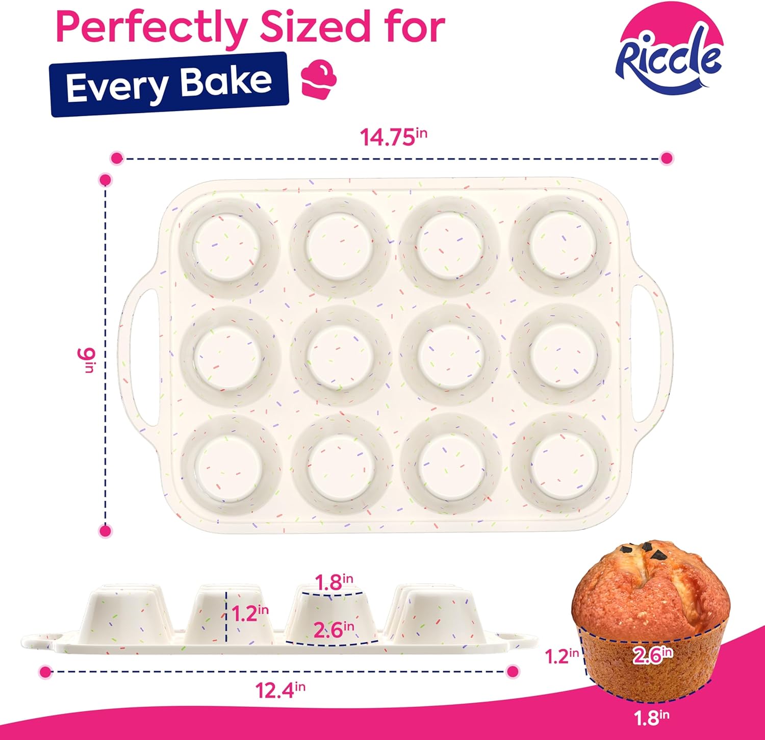 RICCLE Silicone Muffin Pans for Baking with Metal Reinforced Frame, 12-Cup Cupcake Pan, 2 Pcs Muffin Trays for Cupcake Baking, Tray Molds, Oven & Dishwasher Safe, BPA-Free - Image 2