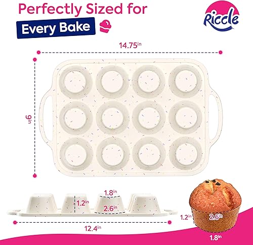 Miniatura 2 de RICCLE Paquete de 2 moldes de silicona para magdalenas con marco reforzado de metal, molde para magdalenas de 12 tazas, moldes de silicona para