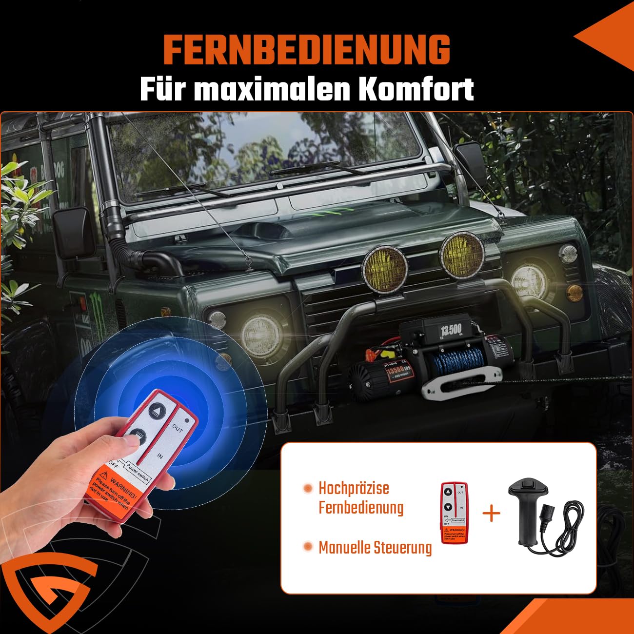 Elektrische Seilwinde 12V 6123 kg/13500lbs, Motorwinde 12V mit Dyneema-Seil, Funk & Kabel Fernbedienung, Wasserdichtem Steuergerät, Inkl. Seilfenster, IP67 für ATV, UTV, SUV, Boot, Anhänger