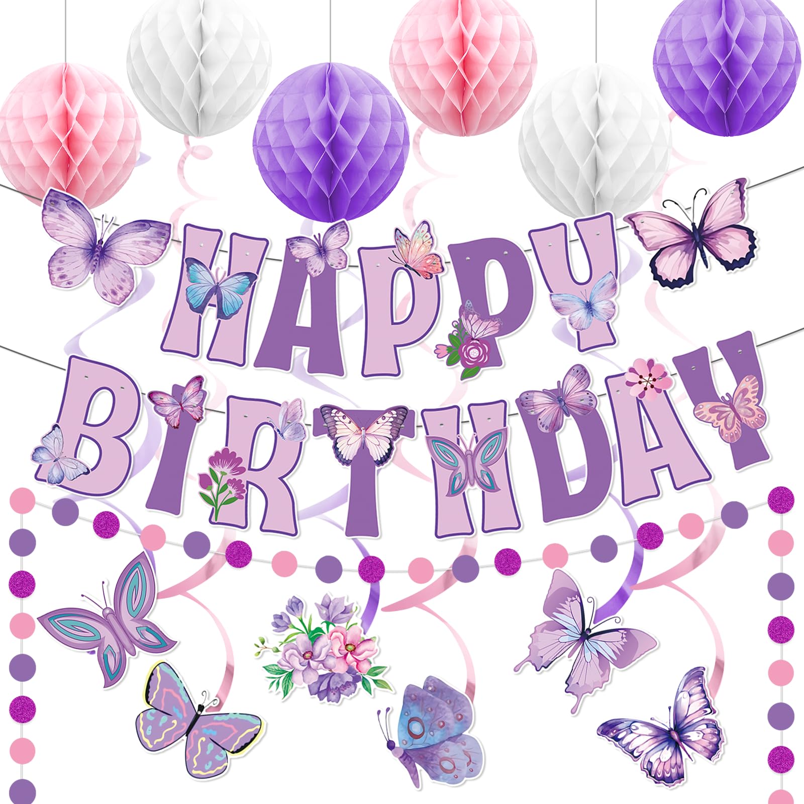MZ.ogm Purple Butterfly Birthday Decorations: Happy Birthday Banner, Circle Dots Garland, Butterfly Hanging Swirls, Honeycomb Balls