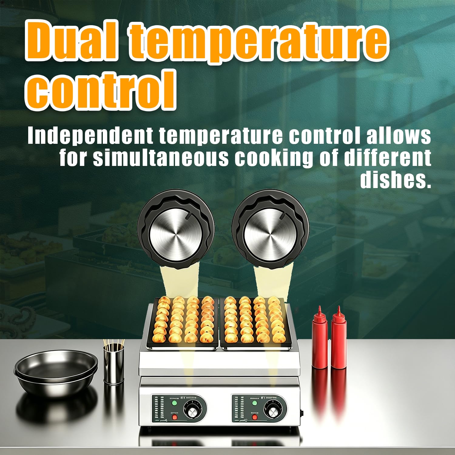 Macchina per Takoyaki a Doppia Piastra, 56 Fori, Professionale, con Controllo Indipendente della Temperatura e Piastra Antiaderente da 4200 W per attività Commerciali