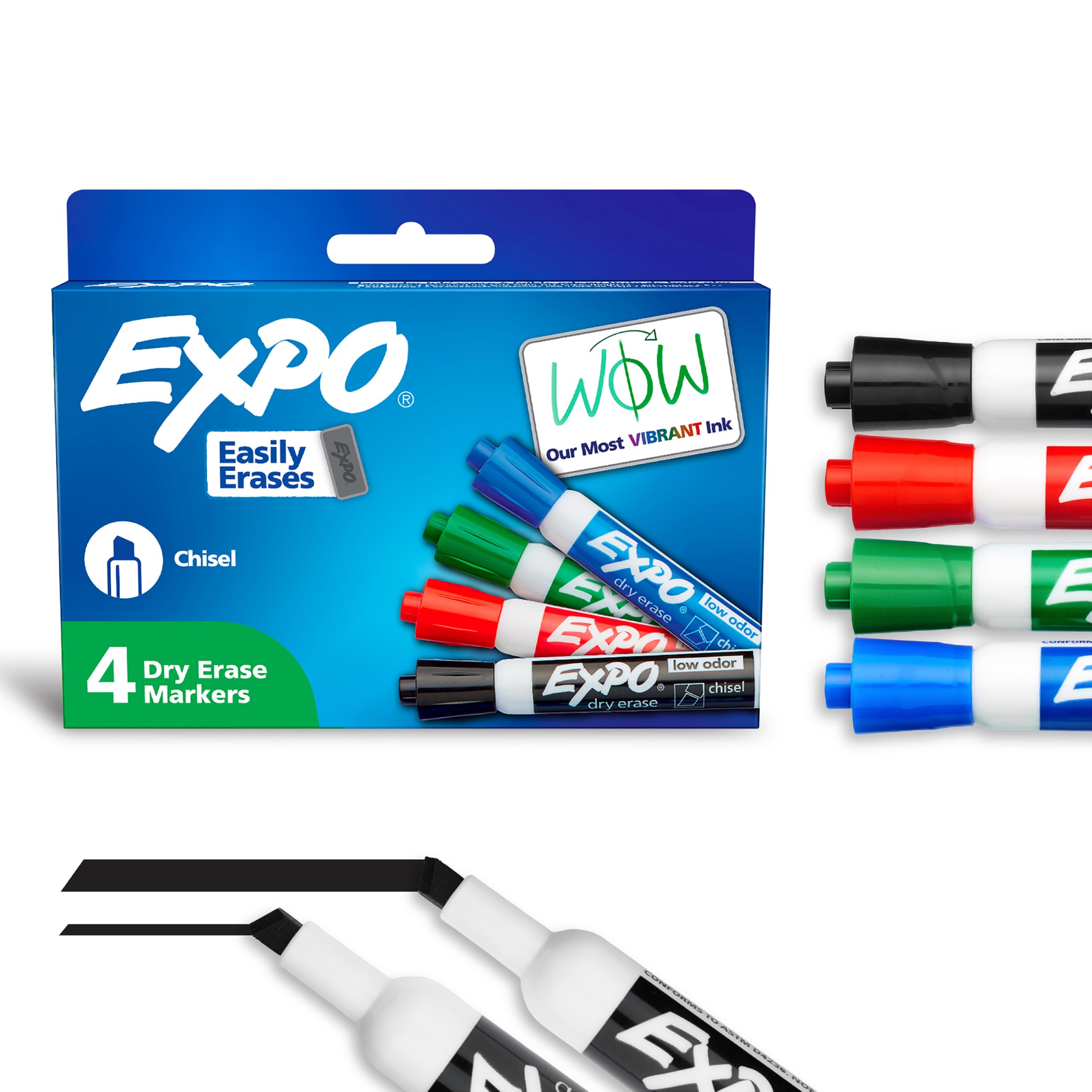 EXPO Dry Erase Markers, Low Odor Ink, Assorted Colors, Chisel Tip, 4 Count - Whiteboard, Calendar, Organization, Essential Su