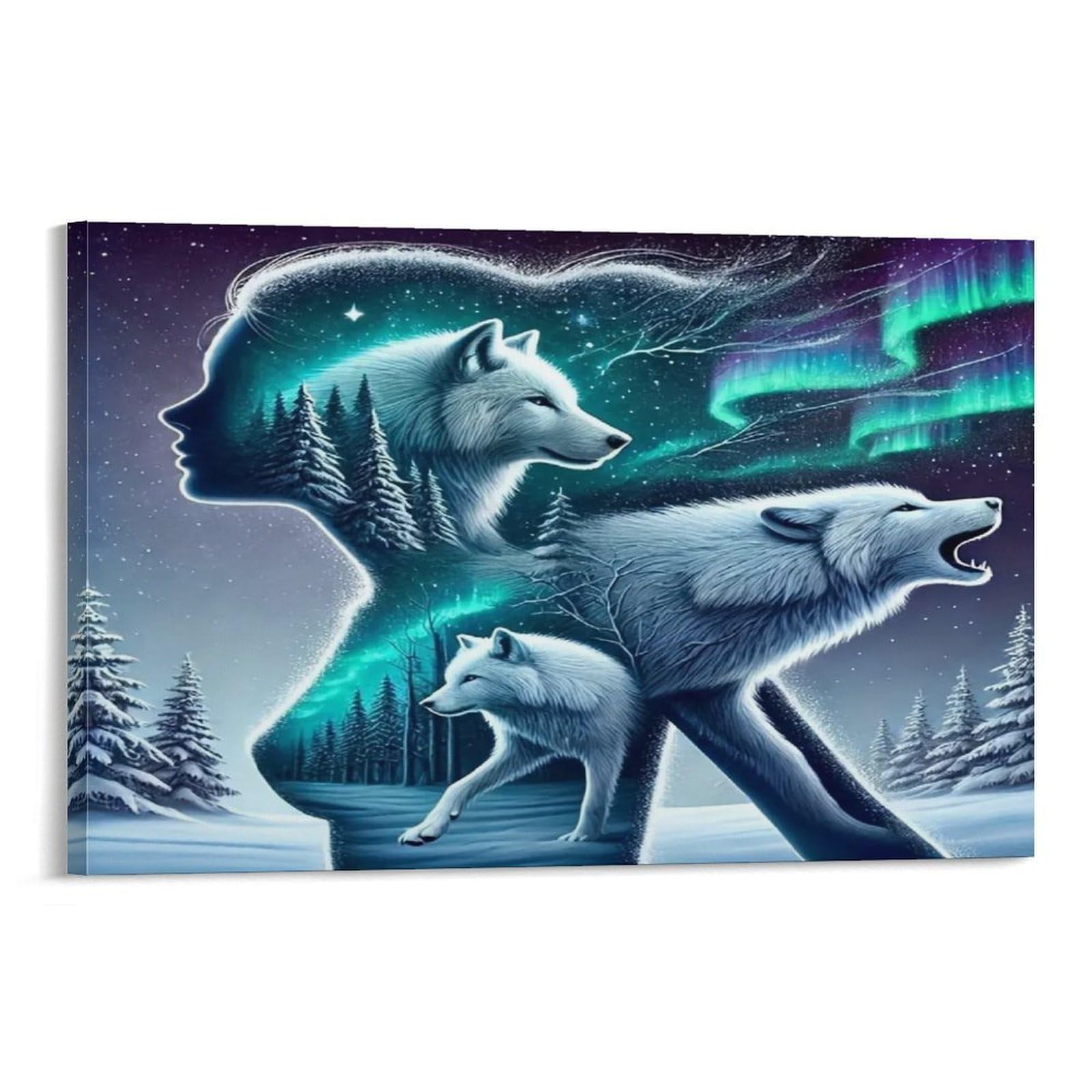 CPLVKWRQJ Snowy Wolf in Winter Forest Single Wolf Silhouette Lady Aurora Winter Double Art Canvas Wall Art - Nursery Canvas Wall Hanging Space Saving Ready to Hang Decor 12x18inch(30x45cm)