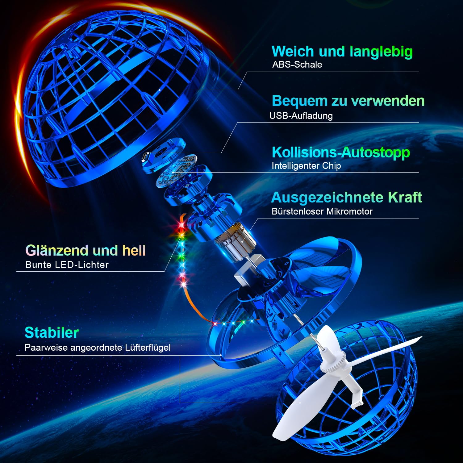 Ivtivfu Fliegender Ball Spielzeug (Blau, Verbessert): LED Hover Orb, Boomerang Ball, Flying Toys für Mädchen und Junge, Geschenk für Kinder ab 6, 7, 8, 9, 10, 11, 12 Jahre