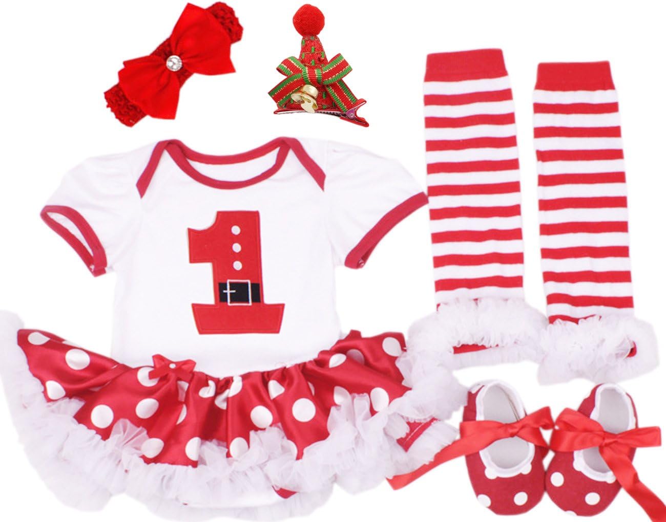 CAKYE Baby Girl Xmas Outfit Infant Newborn My First Christmas Dress Santa Clothes 5Pcs