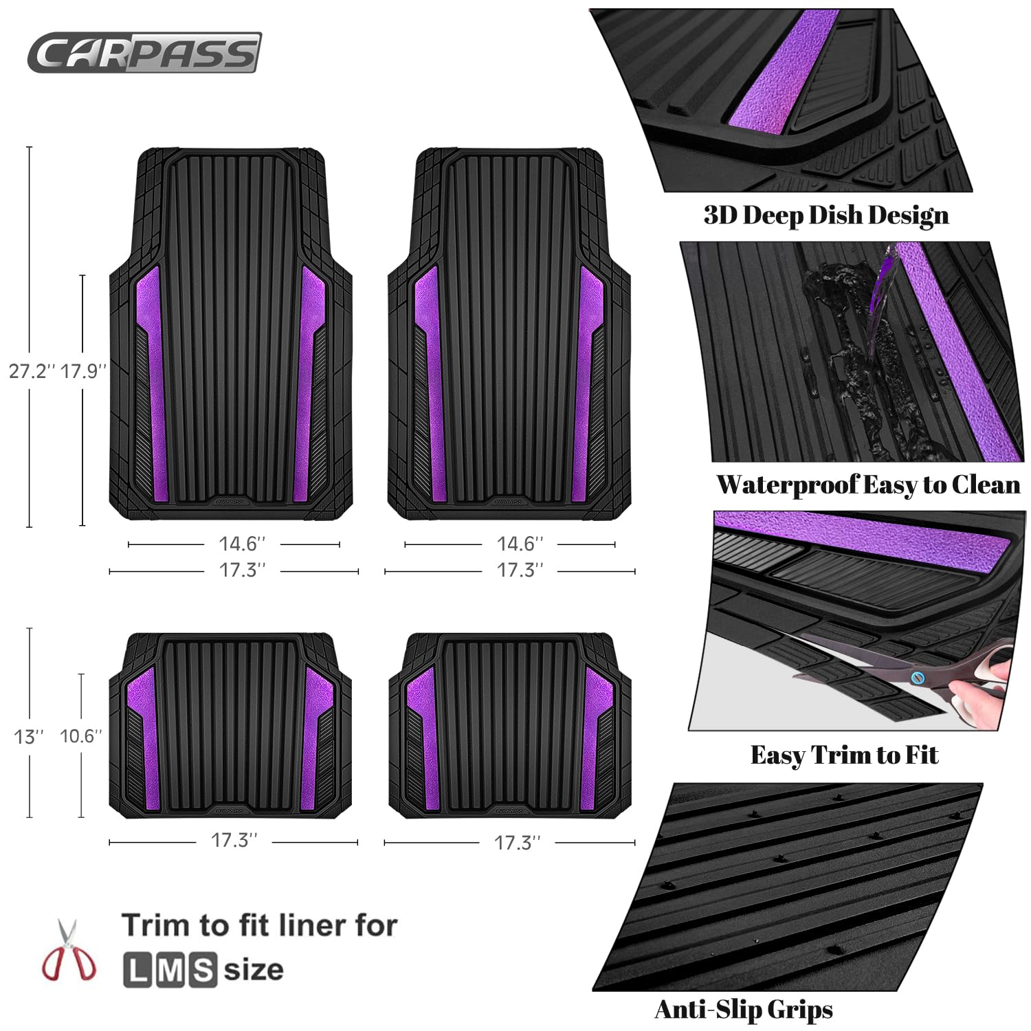 CAR PASS Heavy Duty Rubber Car Mats Metallic Aluminum Film All Weather Floor Mats Waterproof Universal Trim to — view 4