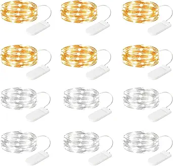 Brightown 12 Pack Led Fairy Lights Battery Operated String Lights Waterproof Silver Wire 7 Feet 20 Led Firefly Starry Moon Lights for DIY Wedding Party Bedroom