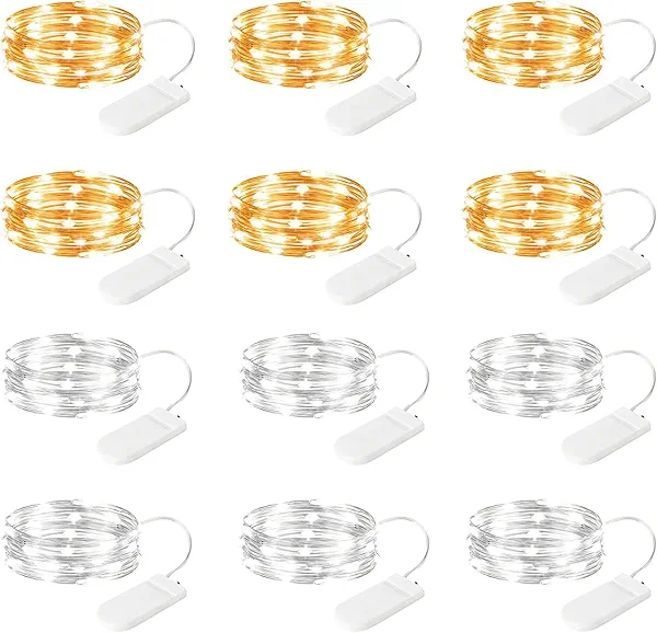 Brightown 12 Pack Led Fairy Lights Battery Operated String Lights Waterproof Silver Wire 7 Feet 20 Led Firefly Starry Moon Lights for DIY Wedding Party Bedroom