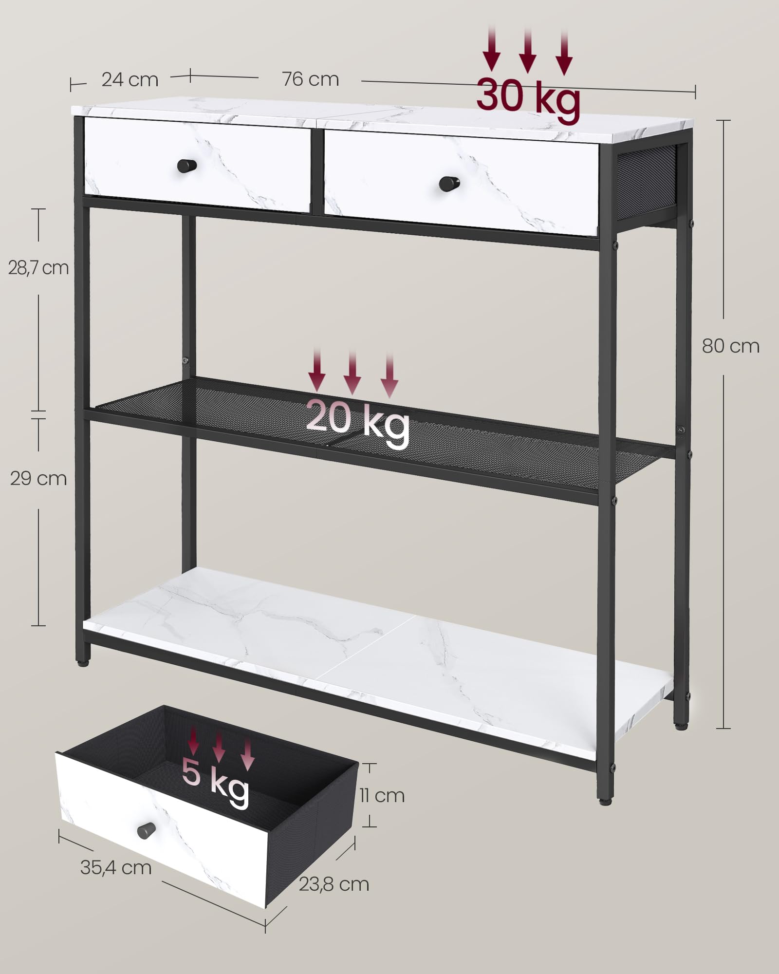 VASAGLE Tavolo Consolle Stretto, Tavolo da Ingresso con 2 Cassetti in Tessuto, Tavolino da Divano a 3 Livelli, 24 x 76 x 80 cm, per Ingresso, Soggiorno, Bianco Marmo e Nero Inchiostro LNT092W01