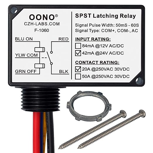 AC/DC 24V SPST 20Amp 250Vac/30Vdc Latching Relay Module, Plastic Enclosure Wired, OONO F-1060