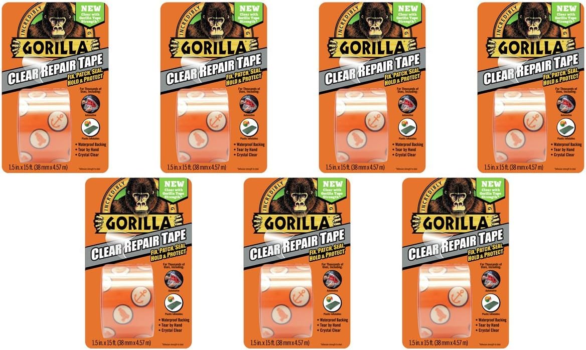 Gorilla Crystal Clear Duct Tape, 1.88" x 5 yd, Clear, (Pack of 7)