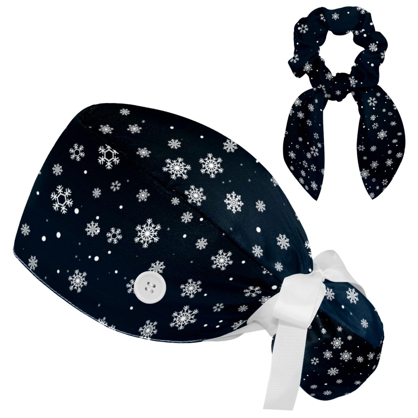 Adjustable Winter Blue Snowflake Surgical Scrub Cap with Button, Ponytail Pouch, Sweatband for Women with Bow Hair Scrunchy