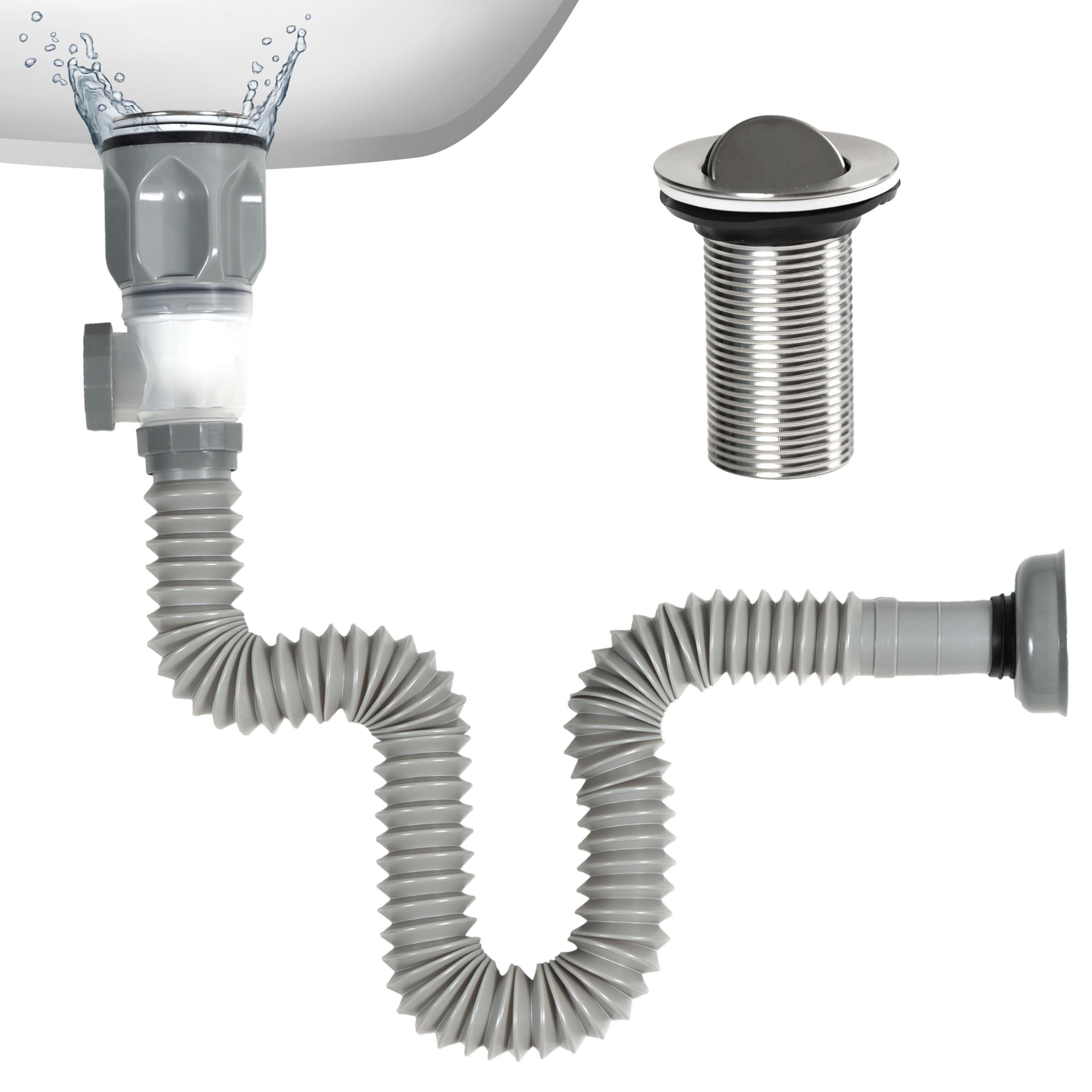 Azonee Bathroom Sink Drain Kit, Flexible & Expandable P Trap with Anti-Clogging Stopper, Suitable for 1-1/4" or 1-1/2" PVC Drain Pipe, Easy Install, No Leakage