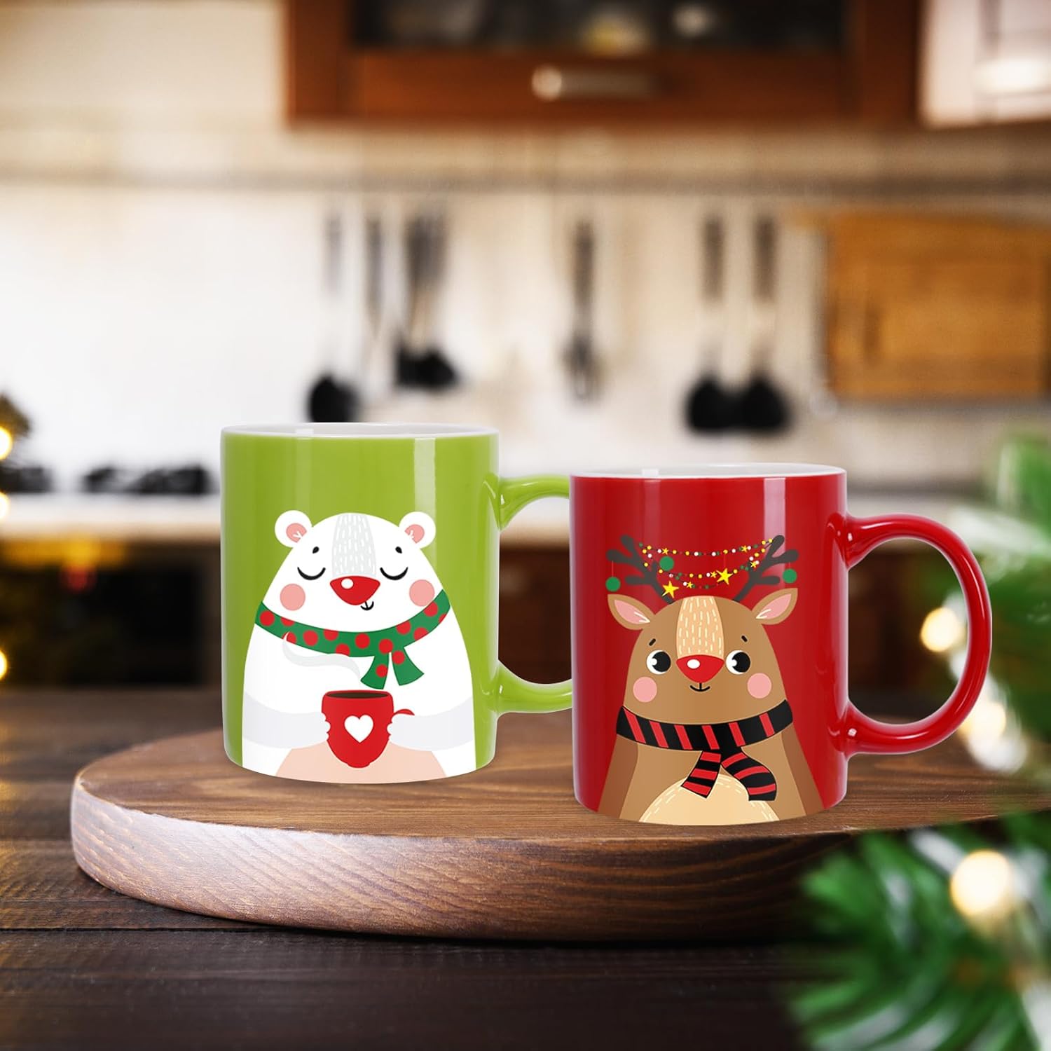 Whaline 6Pcs Christmas Mug Set 12oz Santa Claus Snowman Reindeer Penguin Xmas Coffee Mug Red Green Christmas Ceramic Mugs for Home School Office Table Centerpieces Housewarming Gift