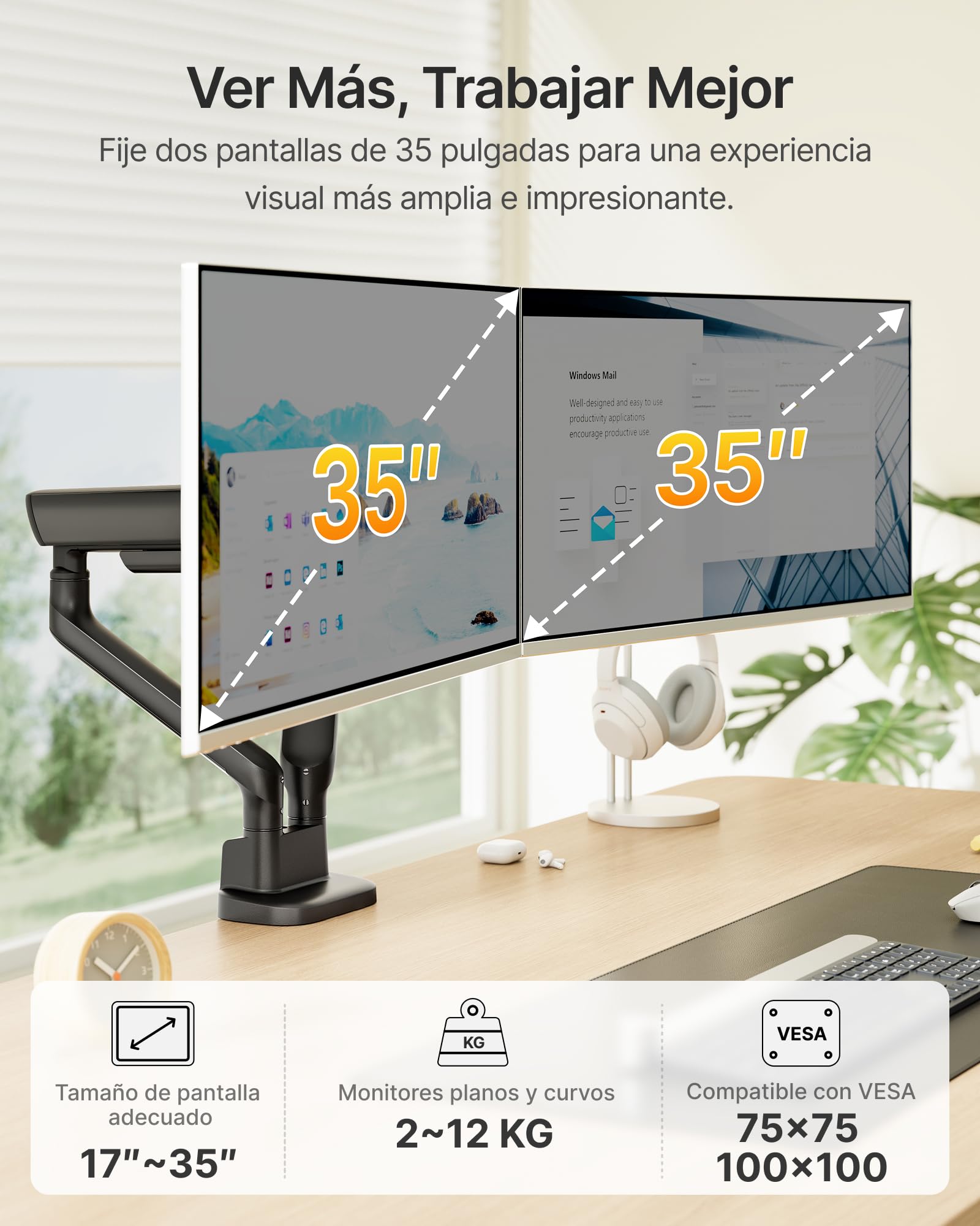 monTEK Brazo Monitor Doble 17-35", Soporte Escritorio con Resorte | Mecánico Resistente, Máx 12kg por Brazo, VESA 75/100mm, Ajustable, Giratorio e Inclinable, Montaje Pinza y Ojal