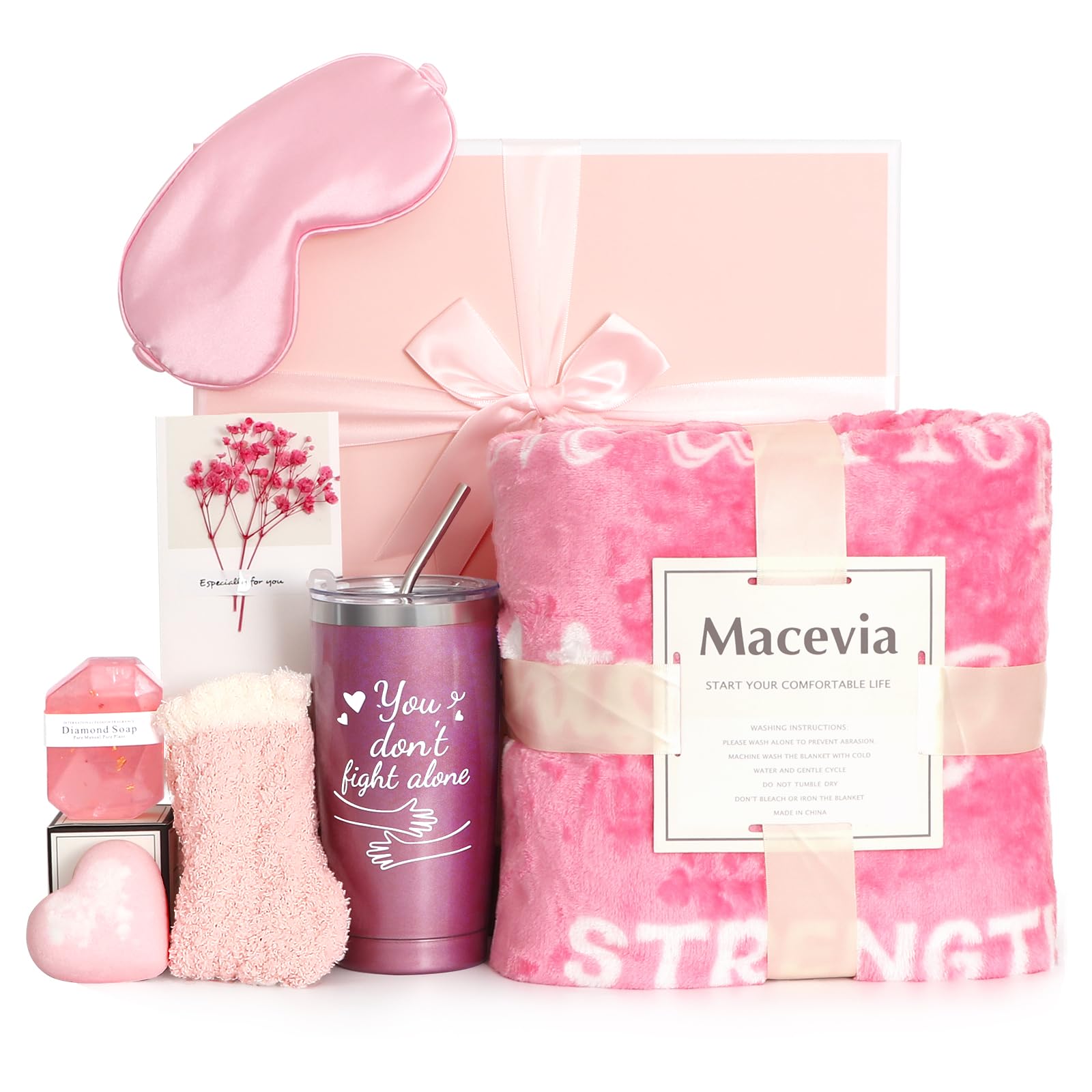 MACEVIA Breast Cancer Care Package Gift Box for Women - Get Well Soon Gifts Basket Inspirational with Breast Cancer Blanket Throw, Tumbler Cup, Socks, Eye Mask, Bath Set for Cancer Patients (Pink 02)-image-17