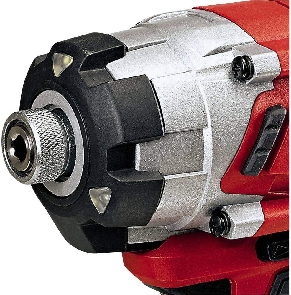 Close-up of Einhell impact driver 1/4 inch hex bit mount and LED lights