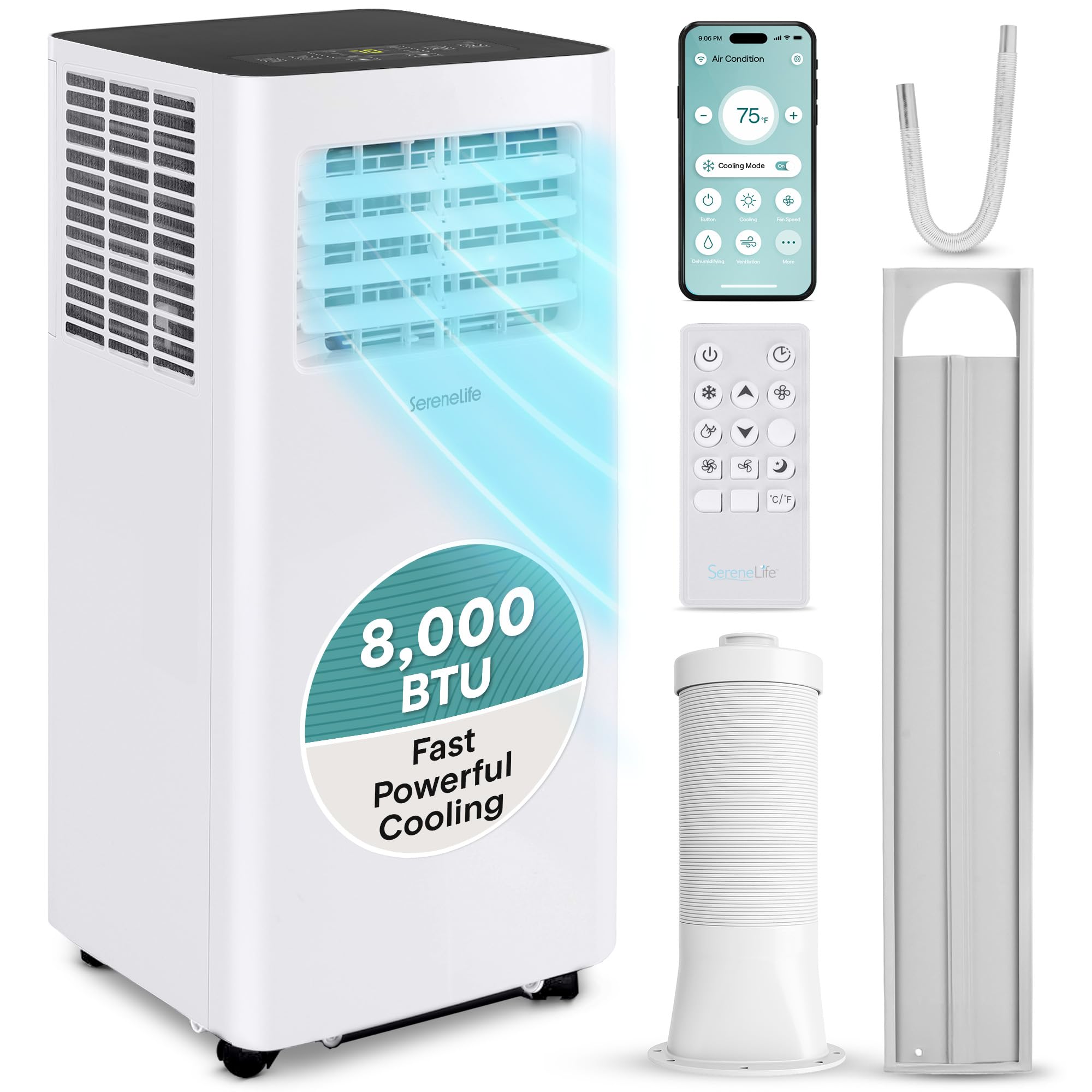 Photo 1 of SereneLife Small Air Conditioner Portable 8,000 BTU with Built-in Dehumidifier - Portable AC unit for rooms up to 350 sq ft - WiFi app + Remote Control, Window Mount Exhaust Kit