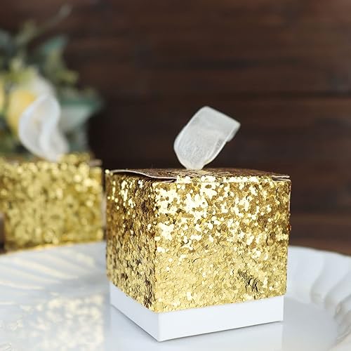 TABLECLOTHSFACTORY - Paquete de 25 cajas de regalo con lentejuelas doradas de 2 pulgadas con lazo de cinta blanca, cajas de recuerdo de fiesta,