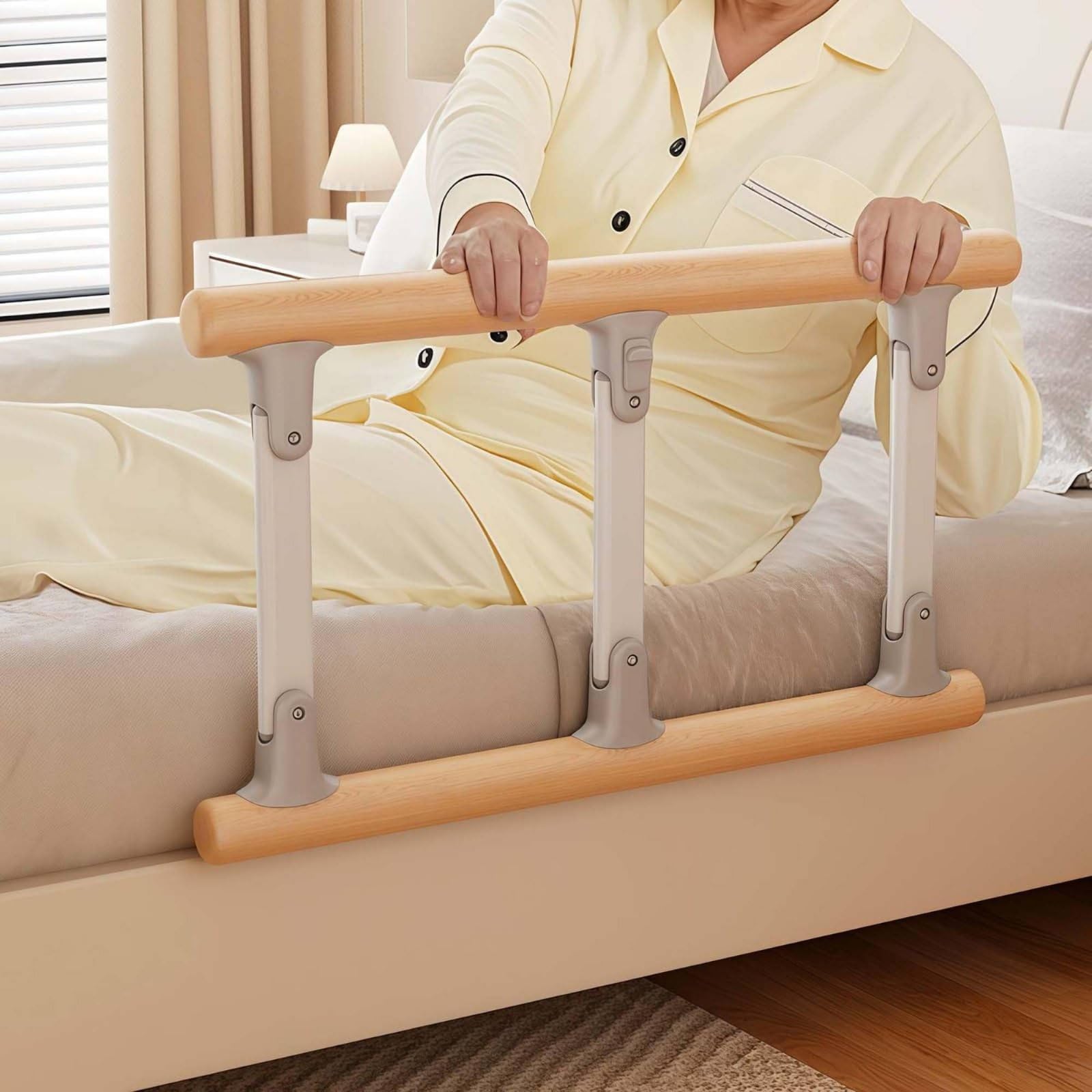 Sponda Letto Regolabile Senza Installazione Barra di Appoggio Letto Impugnatura Antiscivolo Ausilio Domestico per Persone Anziane, Sponda Letto in Legno Massello A Cinque Barre