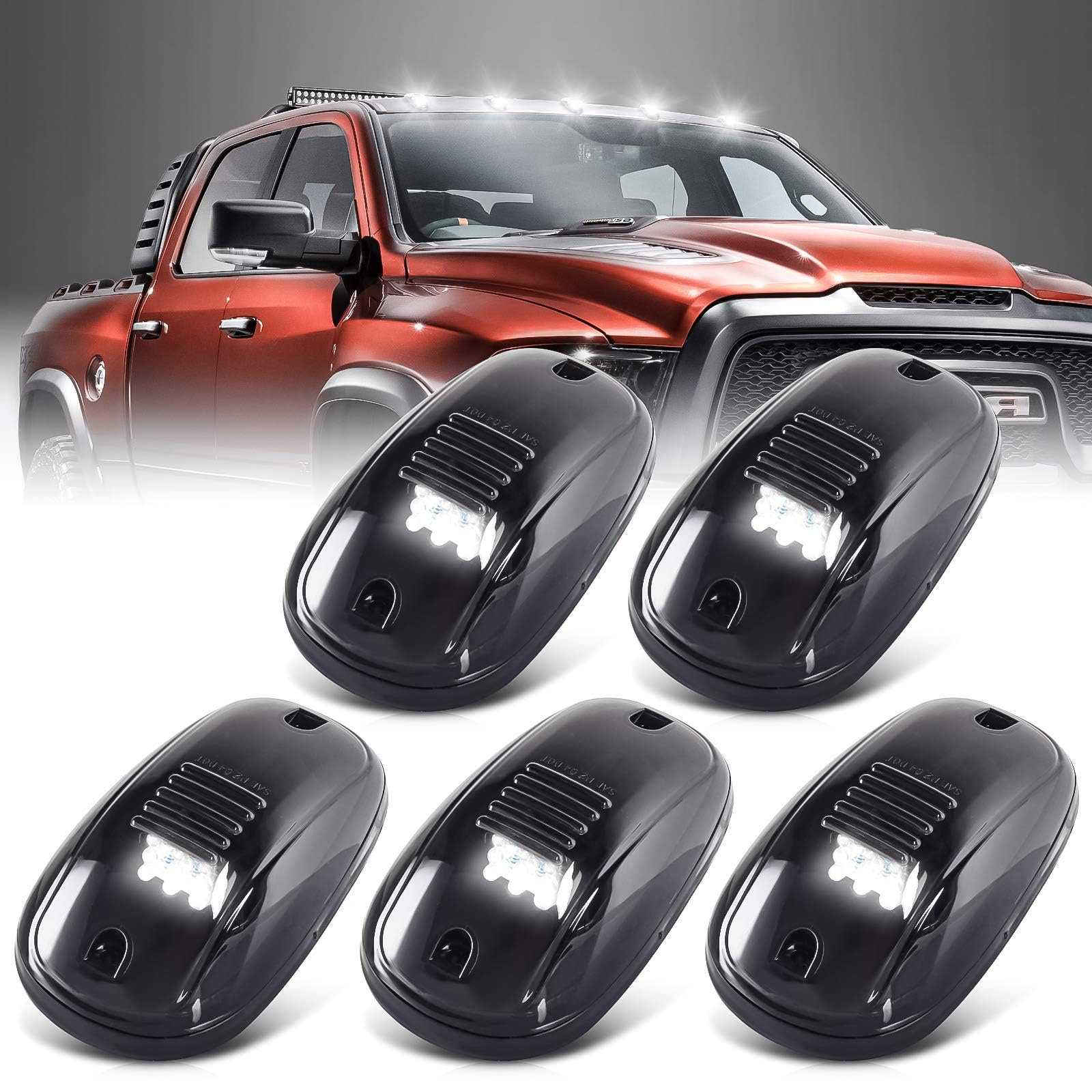 nifeida Smoke Cab Marker Lights, Upgrade 12LED White Cab Roof Top Clearance Running Light Replacement for 2003-2018 Dodge Ram 1500 2500 3500 4500 5500 Pickup Truck(5Pack)