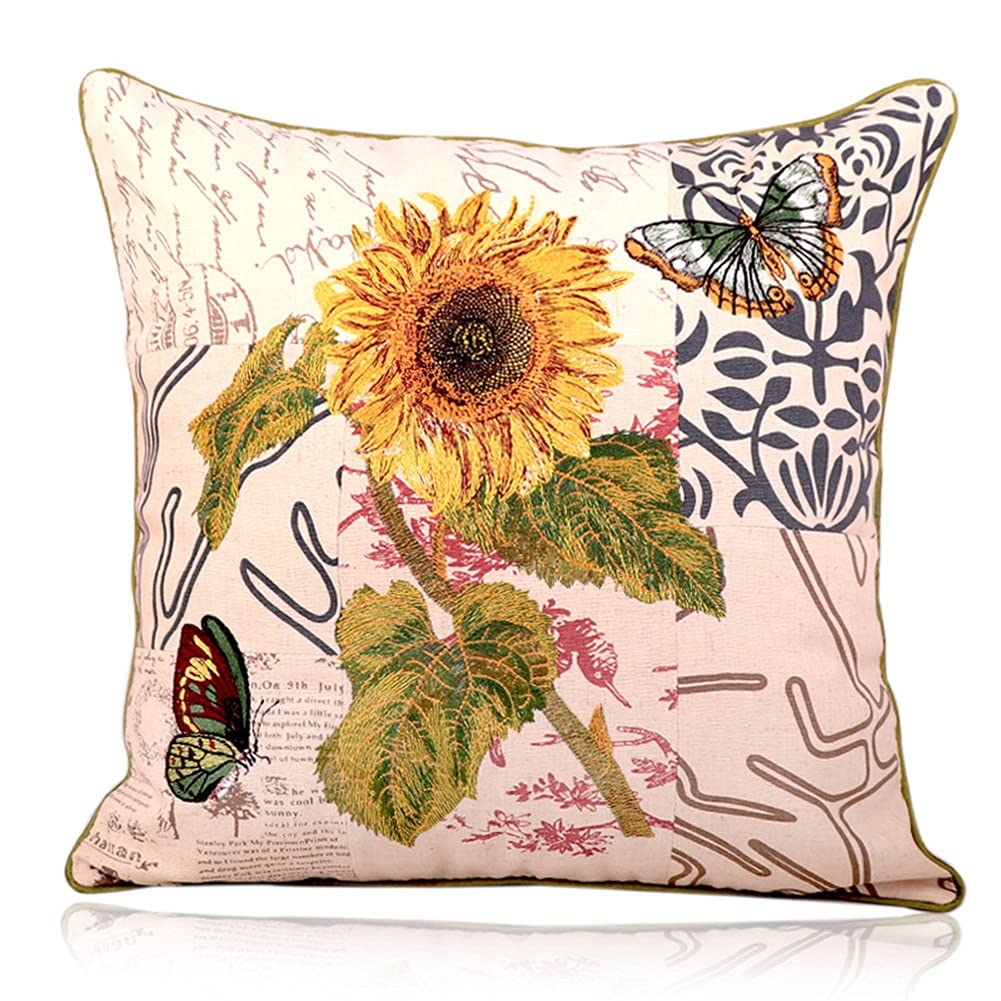 MiDuoHU Cushion Cover Sunflower Chrysanthemum Linen Embroidered Throw Pillowcase Nordic Hotel Embroidery Square Pillowcases(Sunflower embroidery)