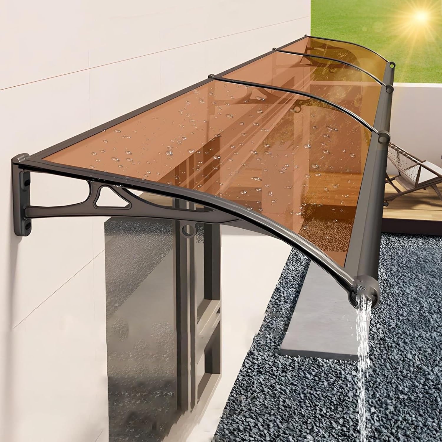 GJMSSMY Exterior Door Awning Canopy 100x150cm Brown Aluminum Bracket UV Rain Hail Snow Protection for Porch & Garden Entrance Durable Waterproof Design