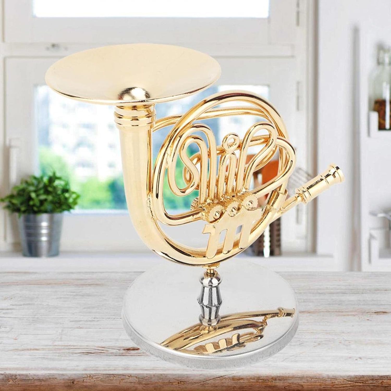 Agatige Miniature French Horn, Instrumento Ornament Golden Mini Baritone Horn Model with Stand Box for Music Lover : Musical Instruments