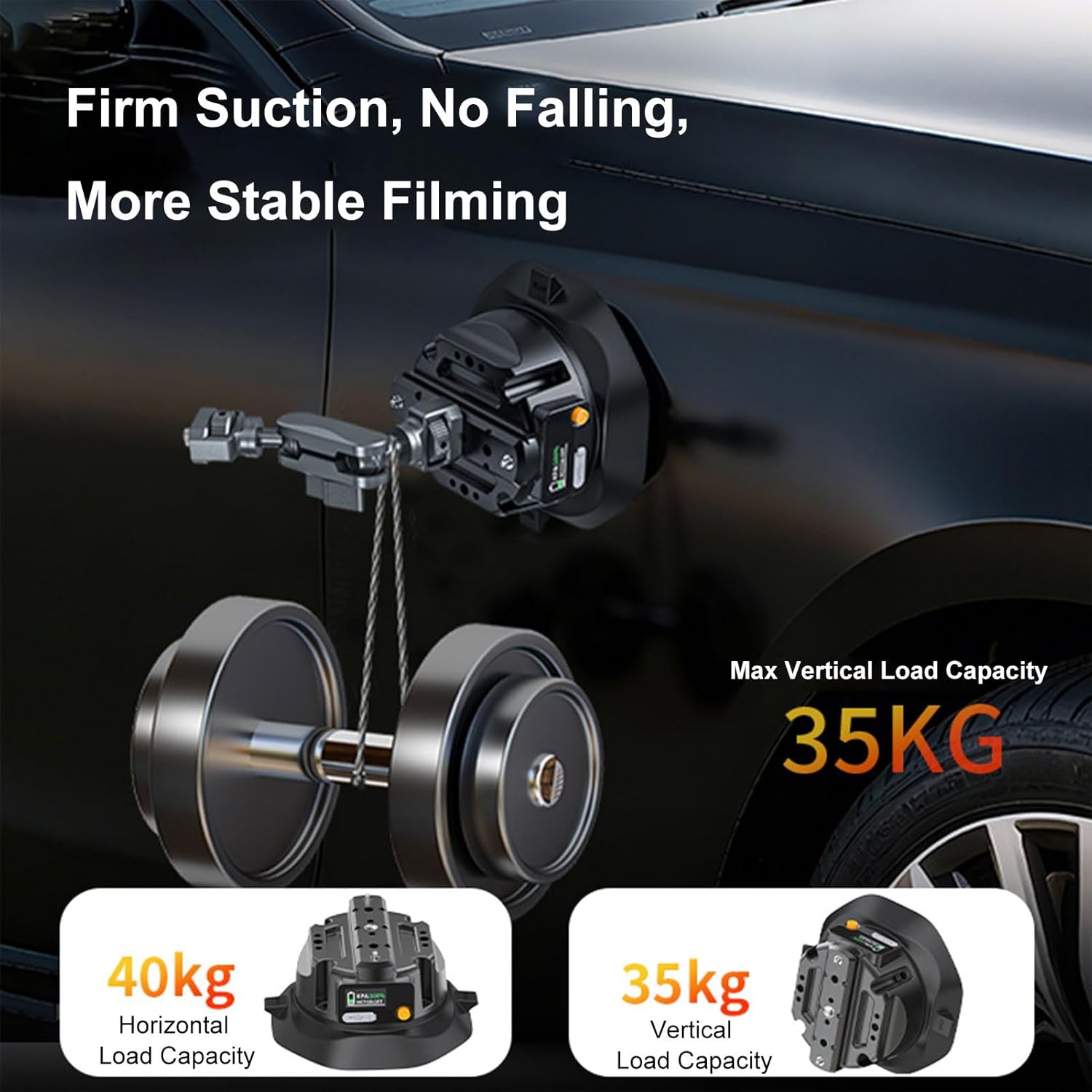 Cuifati Electronic Vacuum Suction Camera Mount 35kg Load 72H Battery LCD Screen with One Key Electric Suction Auto Inflation for DSLR Action Camera Lights Monitors